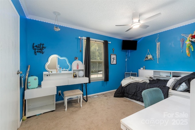 108 W Welsh St, Kershaw, SC 29067 - bedroom featuring crown molding, carpet floors, a textured ceiling, and a ceiling fan