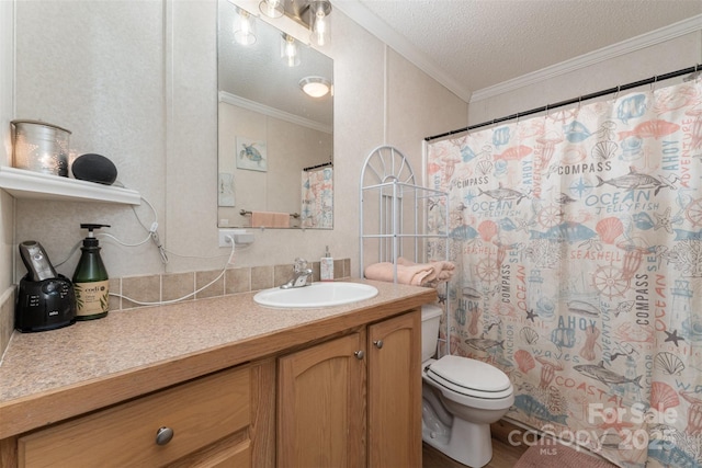 108 W Welsh St, Kershaw, SC 29067 - bathroom featuring vanity, a textured ceiling, ornamental molding, and curtained shower