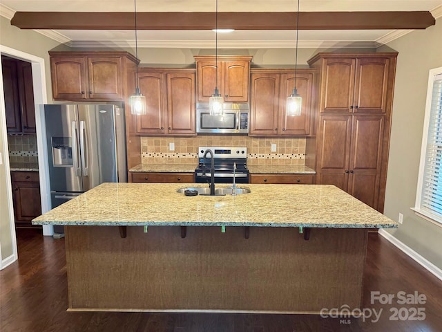 12517 Pine Terrace Ct, Charlotte, NC 28273 - kitchen featuring appliances with stainless steel finishes, crown molding, dark wood-type flooring, a breakfast bar area, and backsplash