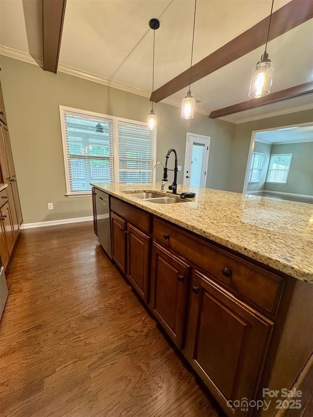12517 Pine Terrace Ct, Charlotte, NC 28273 - kitchen featuring stainless steel dishwasher, dark wood finished floors, ornamental molding, light stone countertops, and pendant lighting