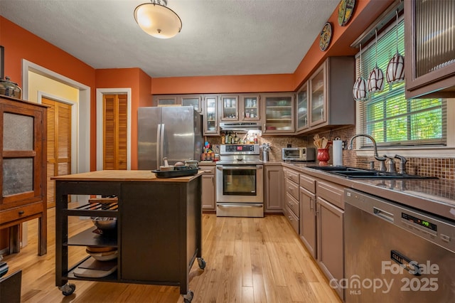 144 Beechwood Dr, Columbus, NC 28722 - kitchen featuring appliances with stainless steel finishes, light wood-style flooring, tasteful backsplash, glass insert cabinets, and a textured ceiling