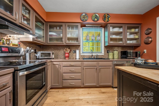144 Beechwood Dr, Columbus, NC 28722 - kitchen featuring stainless steel appliances, wood counters, under cabinet range hood, light wood-style floors, and tasteful backsplash