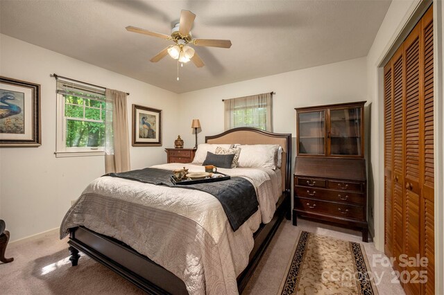 144 Beechwood Dr, Columbus, NC 28722 - bedroom featuring light colored carpet, multiple windows, a closet, and ceiling fan