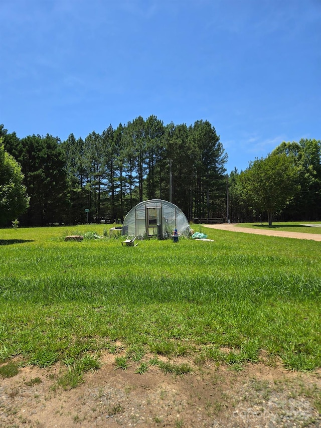 245 Waycross Dr, Rockwell, NC 28138 - view of yard with a greenhouse, an outbuilding, and a forest view