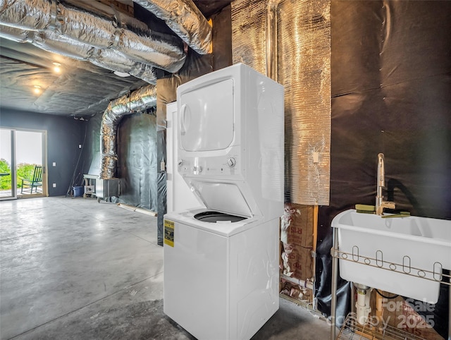 627 Cherry Hl Unit 201, Mill Spring, NC 28756 - laundry area featuring stacked washer / dryer and a sink