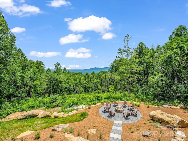 627 Cherry Hl Unit 201, Mill Spring, NC 28756 - view of yard featuring an outdoor fire pit, a patio area, and a forest view