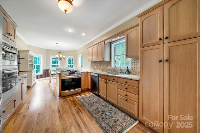 80 Meadow Creek Drive 40 & 61, Weaverville, NC 28787 - kitchen featuring appliances with stainless steel finishes, a chandelier, light wood finished floors, crown molding, and decorative backsplash