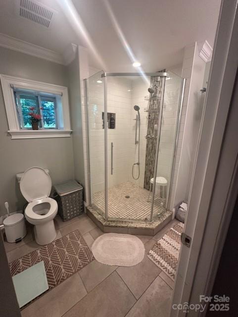 3211 Winding Trl, Matthews, NC 28105 - full bathroom featuring tile patterned flooring, a shower stall, and crown molding