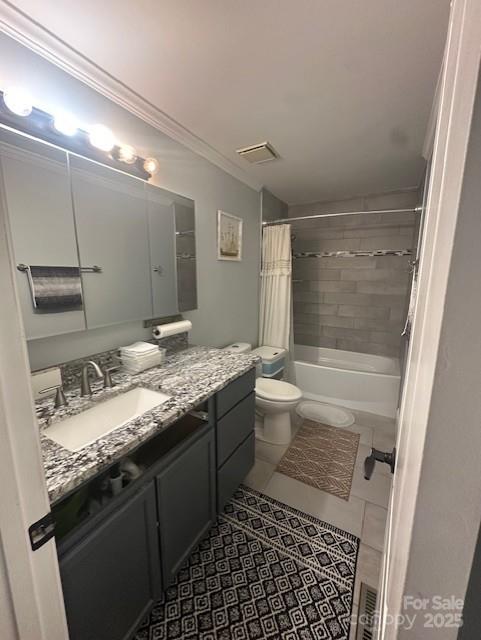 3211 Winding Trl, Matthews, NC 28105 - bathroom featuring vanity, ornamental molding, shower / tub combo with curtain, and tile patterned floors