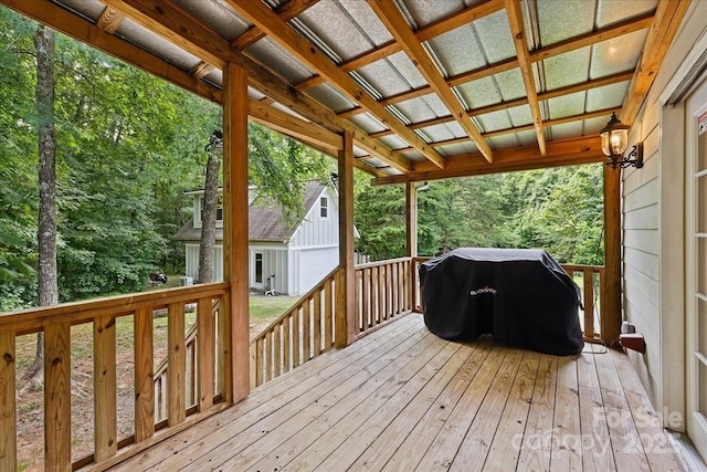 275 Haynes Dr, Salisbury, NC 28146 - wooden deck with grilling area and an outdoor structure