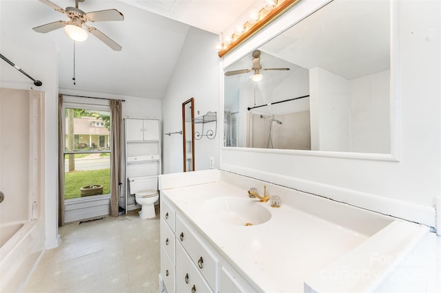 135 Corban Ave SE, Concord, NC 28025 - full bathroom featuring ceiling fan, vanity, vaulted ceiling, and shower / bath combination