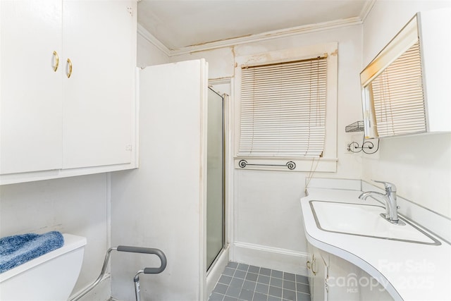 135 Corban Ave SE, Concord, NC 28025 - full bath featuring vanity, a shower stall, and tile patterned flooring