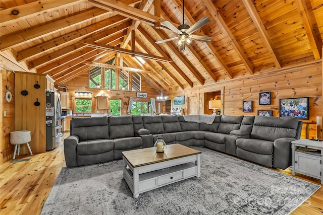 279 Outback Trl, Nebo, NC 28761 - living area with wood ceiling, light wood-style floors, wood walls, and ceiling fan