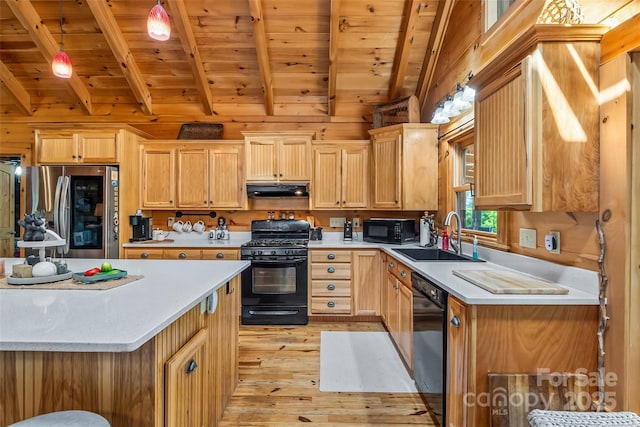279 Outback Trl, Nebo, NC 28761 - kitchen with black appliances, under cabinet range hood, light wood-type flooring, wooden ceiling, and light countertops