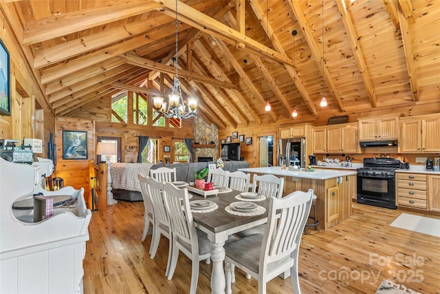 279 Outback Trl, Nebo, NC 28761 - dining room with a chandelier, wooden walls, light wood-style flooring, a wooden ceiling with exposed beams, and high vaulted ceiling