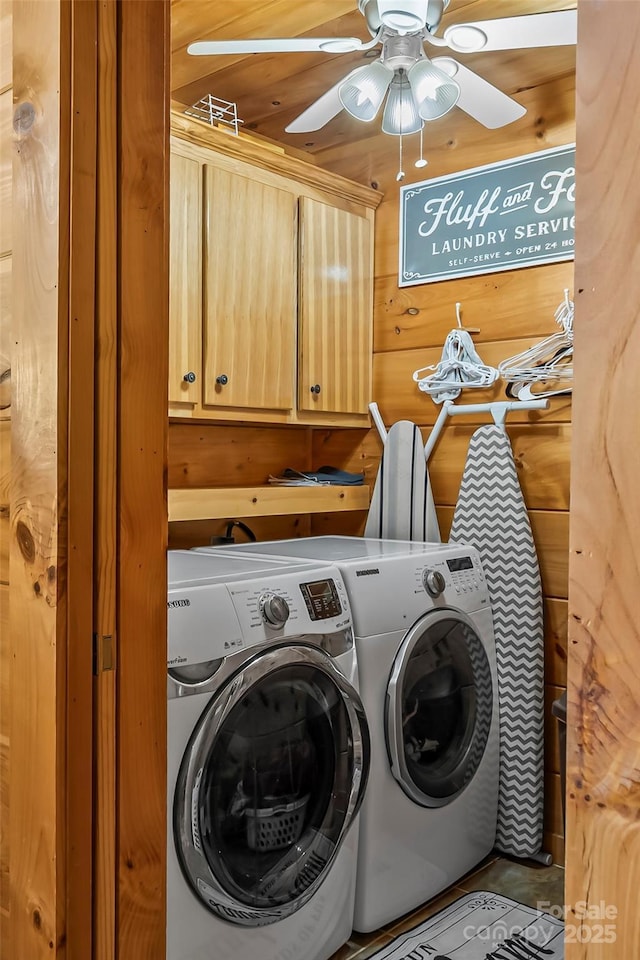 279 Outback Trl, Nebo, NC 28761 - washroom featuring washer and clothes dryer, cabinet space, and a ceiling fan