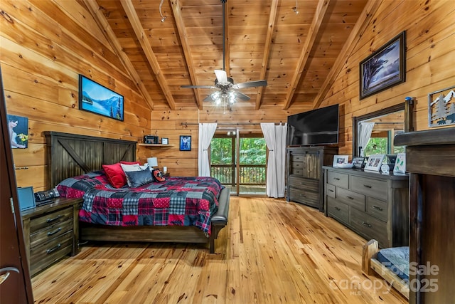 279 Outback Trl, Nebo, NC 28761 - bedroom featuring multiple windows, hardwood / wood-style floors, wood walls, access to exterior, and wooden ceiling
