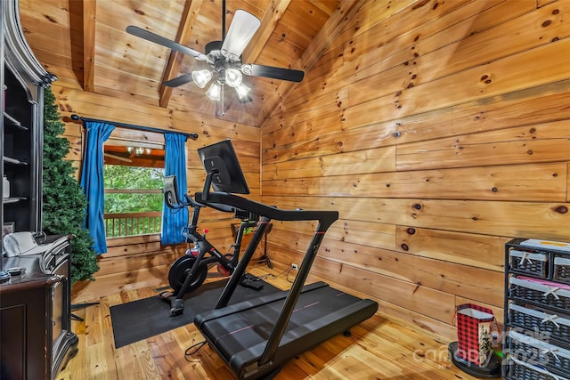 279 Outback Trl, Nebo, NC 28761 - workout area with lofted ceiling, wood ceiling, wooden walls, a ceiling fan, and wood finished floors
