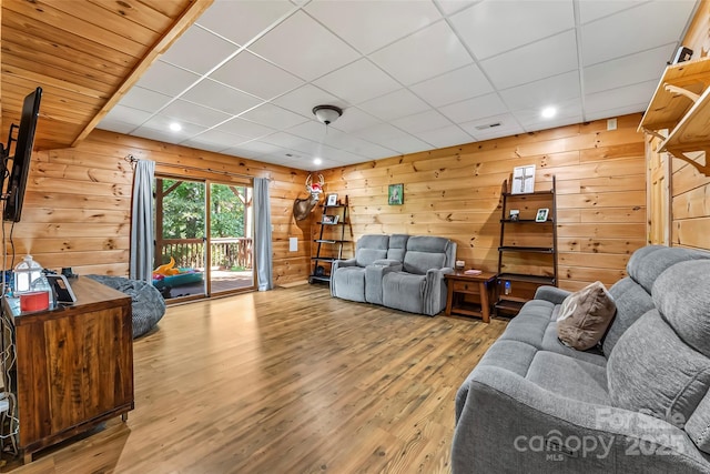 279 Outback Trl, Nebo, NC 28761 - living area with wood finished floors, a drop ceiling, recessed lighting, and wooden walls