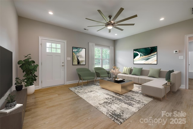 521 Tram Rd, Lancaster, SC 29720 - living area featuring a ceiling fan, light wood-style floors, healthy amount of natural light, and recessed lighting