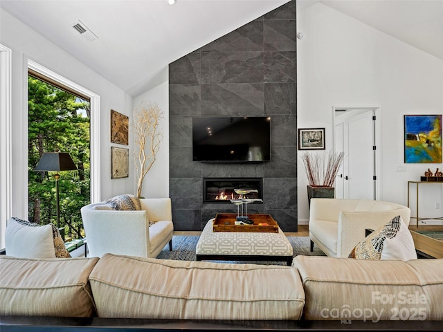 23 Haverhill Ct, Flat Rock, NC 28731 - living room with lofted ceiling, wood finished floors, and a fireplace