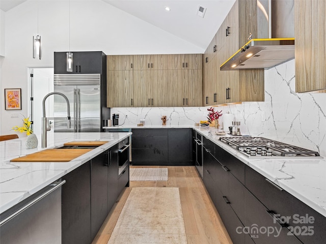 23 Haverhill Ct, Flat Rock, NC 28731 - kitchen with appliances with stainless steel finishes, dark cabinetry, light wood finished floors, range hood, and light stone counters