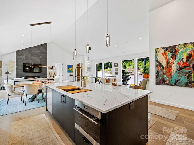 23 Haverhill Ct, Flat Rock, NC 28731 - kitchen with high vaulted ceiling, open floor plan, modern cabinets, light wood-type flooring, and a spacious island