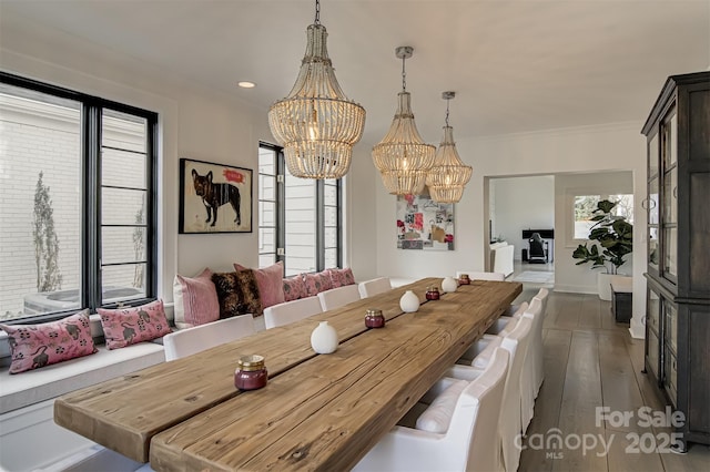 3306 Gaston Rd, Greensboro, NC 27407 - dining area featuring a chandelier, dark wood finished floors, crown molding, and recessed lighting