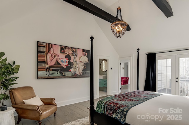 3306 Gaston Rd, Greensboro, NC 27407 - bedroom featuring beamed ceiling, access to outside, wood finished floors, high vaulted ceiling, and french doors