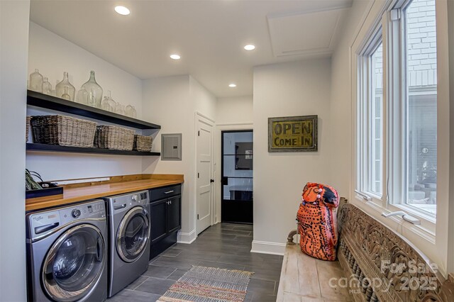 3306 Gaston Rd, Greensboro, NC 27407 - laundry room with separate washer and dryer, electric panel, attic access, recessed lighting, and wood finish floors