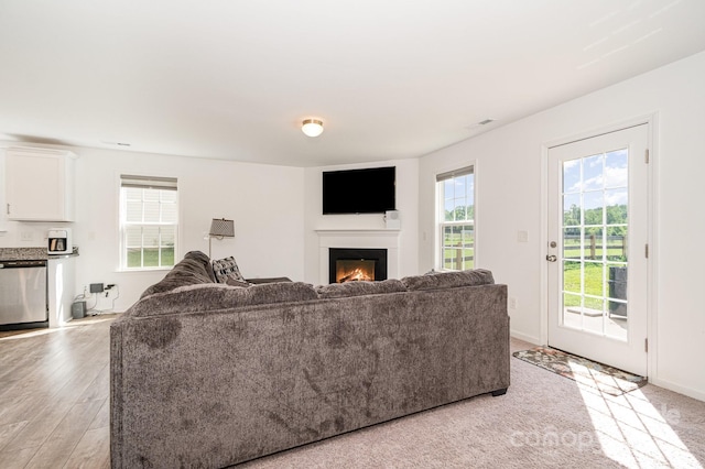 1026 Baileys Chapel Rd, Advance, NC 27006 - living area with a warm lit fireplace and light wood-style floors