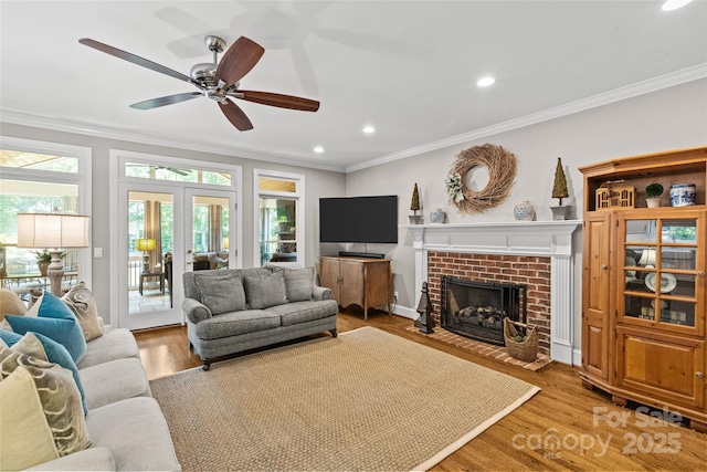 6716 Southby Ct, Charlotte, NC 28270 - living room with crown molding, healthy amount of natural light, a fireplace, recessed lighting, and wood finished floors