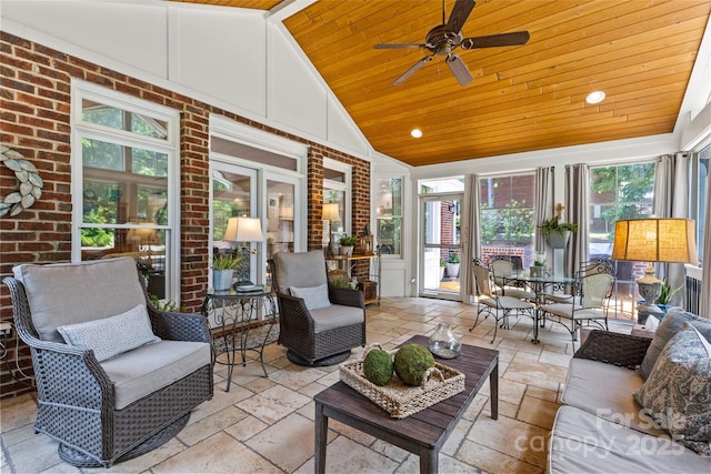 6716 Southby Ct, Charlotte, NC 28270 - sunroom with wooden ceiling, stone tile floors, brick wall, and high vaulted ceiling