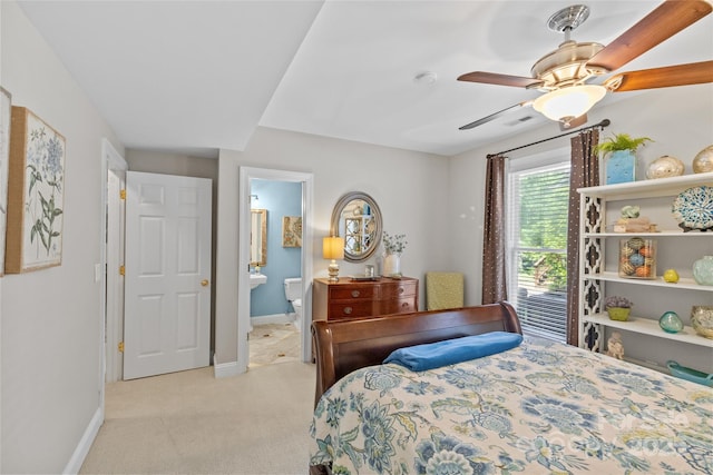 6716 Southby Ct, Charlotte, NC 28270 - bedroom with light colored carpet, ceiling fan, and ensuite bathroom