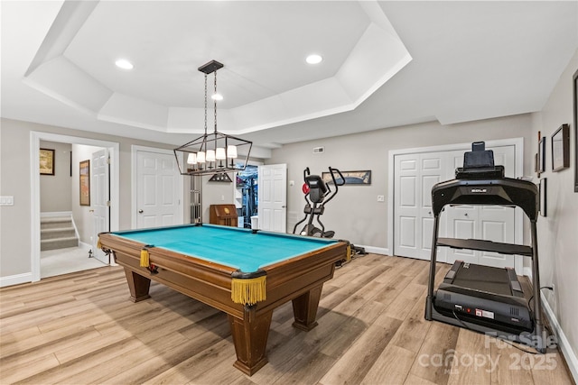 6716 Southby Ct, Charlotte, NC 28270 - recreation room with a raised ceiling, light wood-style flooring, billiards, and recessed lighting