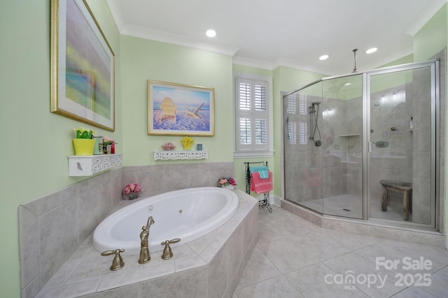 166 Atlantic Way, Mooresville, NC 28117 - bathroom featuring a whirlpool tub, ornamental molding, a stall shower, recessed lighting, and tile patterned flooring