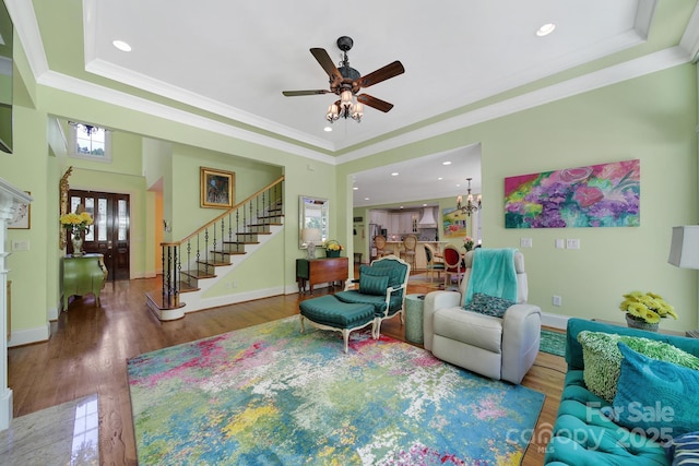 166 Atlantic Way, Mooresville, NC 28117 - living area with stairs, crown molding, ceiling fan, wood finished floors, and recessed lighting