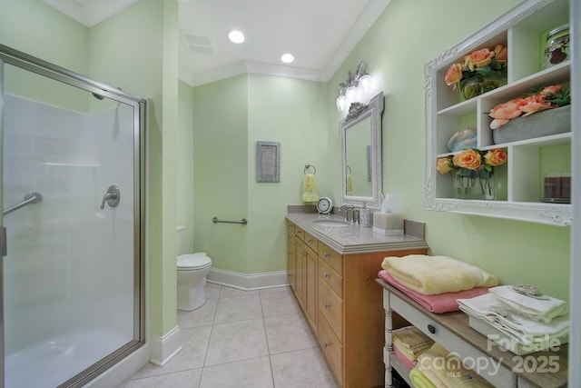 166 Atlantic Way, Mooresville, NC 28117 - bathroom featuring a shower stall, vanity, tile patterned flooring, ornamental molding, and recessed lighting