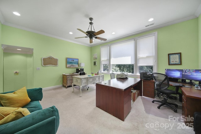 166 Atlantic Way, Mooresville, NC 28117 - office space featuring ornamental molding, light carpet, recessed lighting, and a ceiling fan