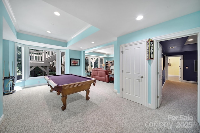 166 Atlantic Way, Mooresville, NC 28117 - rec room with carpet, ornamental molding, pool table, recessed lighting, and a raised ceiling