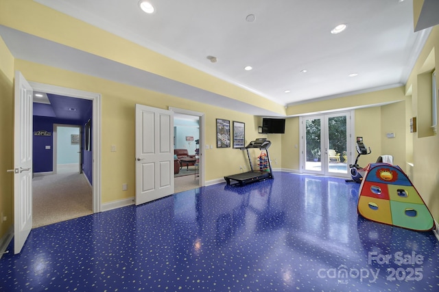 166 Atlantic Way, Mooresville, NC 28117 - exercise area featuring french doors, recessed lighting, and crown molding