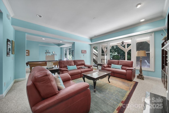 166 Atlantic Way, Mooresville, NC 28117 - carpeted living room featuring pool table, recessed lighting, and ornamental molding