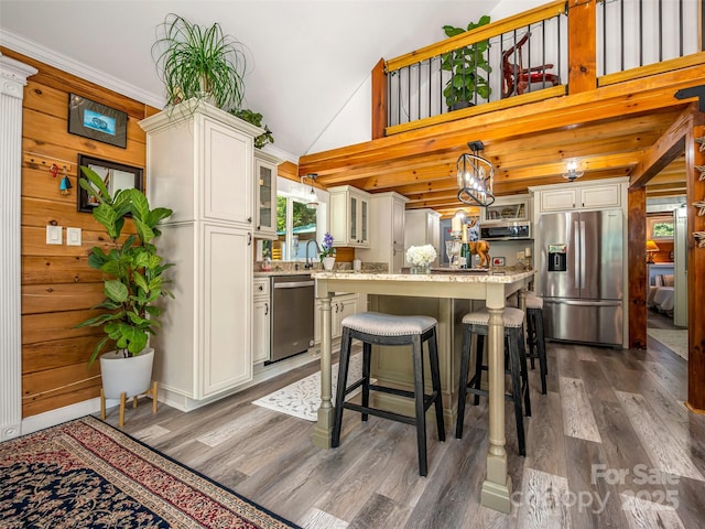 334 Arbra Mountain Way, Bostic, NC 28018 - kitchen with stainless steel appliances, dark wood-style flooring, glass insert cabinets, a kitchen island, and white cabinetry