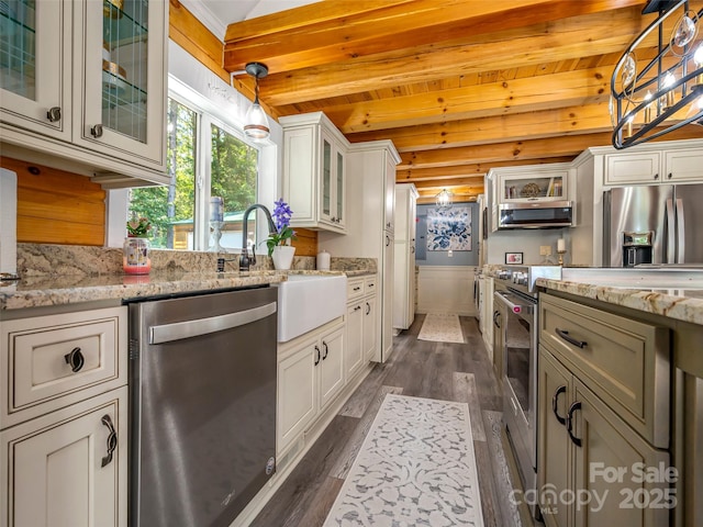 334 Arbra Mountain Way, Bostic, NC 28018 - kitchen featuring appliances with stainless steel finishes, dark wood-style flooring, light stone countertops, white cabinets, and glass insert cabinets