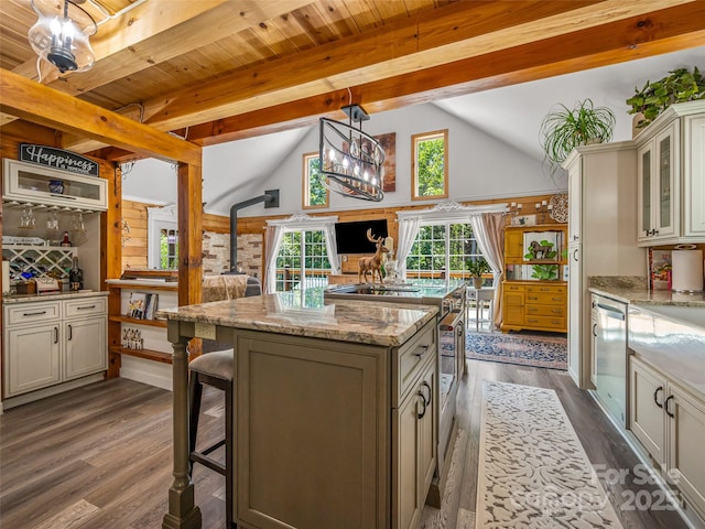 334 Arbra Mountain Way, Bostic, NC 28018 - kitchen with a kitchen island, a wood stove, glass insert cabinets, dark wood-style floors, and stainless steel appliances