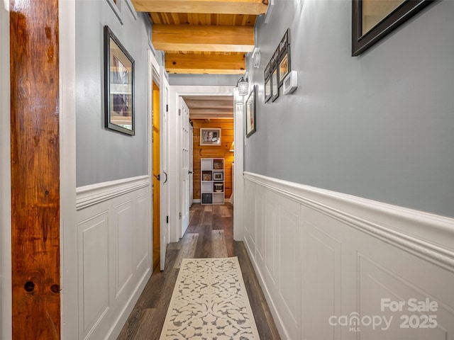 334 Arbra Mountain Way, Bostic, NC 28018 - corridor featuring a wainscoted wall, dark wood-style floors, a decorative wall, and a wood ceiling with exposed beams