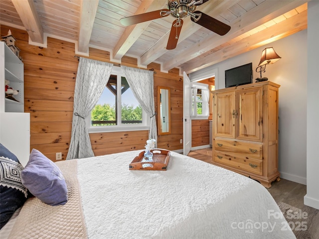 334 Arbra Mountain Way, Bostic, NC 28018 - bedroom with wood finished floors, wood walls, a wood ceiling with exposed beams, and a ceiling fan