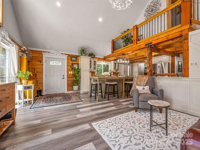 334 Arbra Mountain Way, Bostic, NC 28018 - entryway featuring high vaulted ceiling, wood finished floors, recessed lighting, and a chandelier