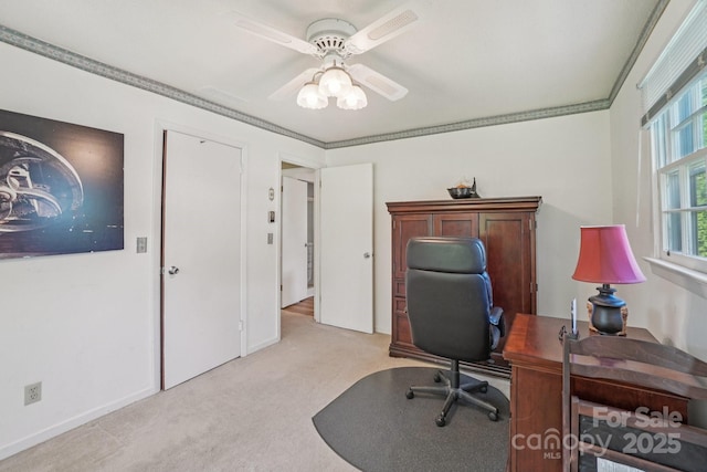 25 Hazel Ct, Brevard, NC 28712 - office area featuring light carpet, a ceiling fan, and ornamental molding