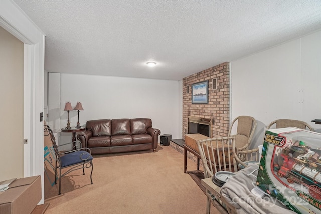 25 Hazel Ct, Brevard, NC 28712 - carpeted living area featuring a brick fireplace and a textured ceiling